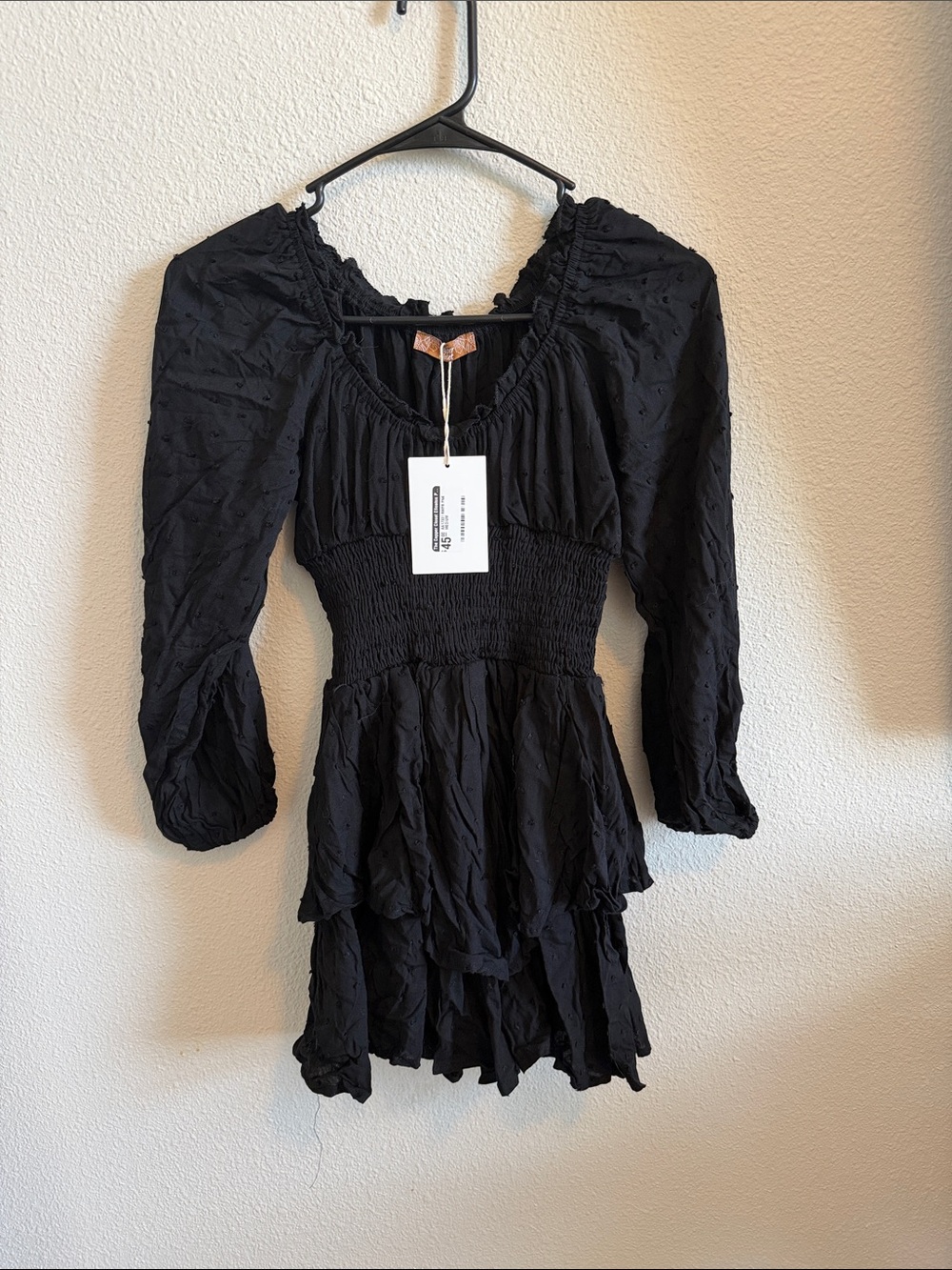 Black Smocked Waist Tiered Mini Dress - 3/4 Sleeve